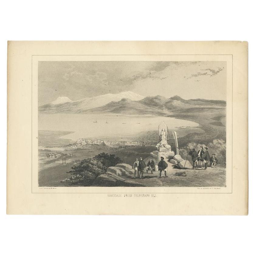 Antique print titled ‘Hakodadi from Telegraph Hill’. View of Hakodate, a city and port located in Oshima Subprefecture, Hokkaido, Japan. This print originates from 'Narrative of the expedition of an American squadron to the China seas and Japan,