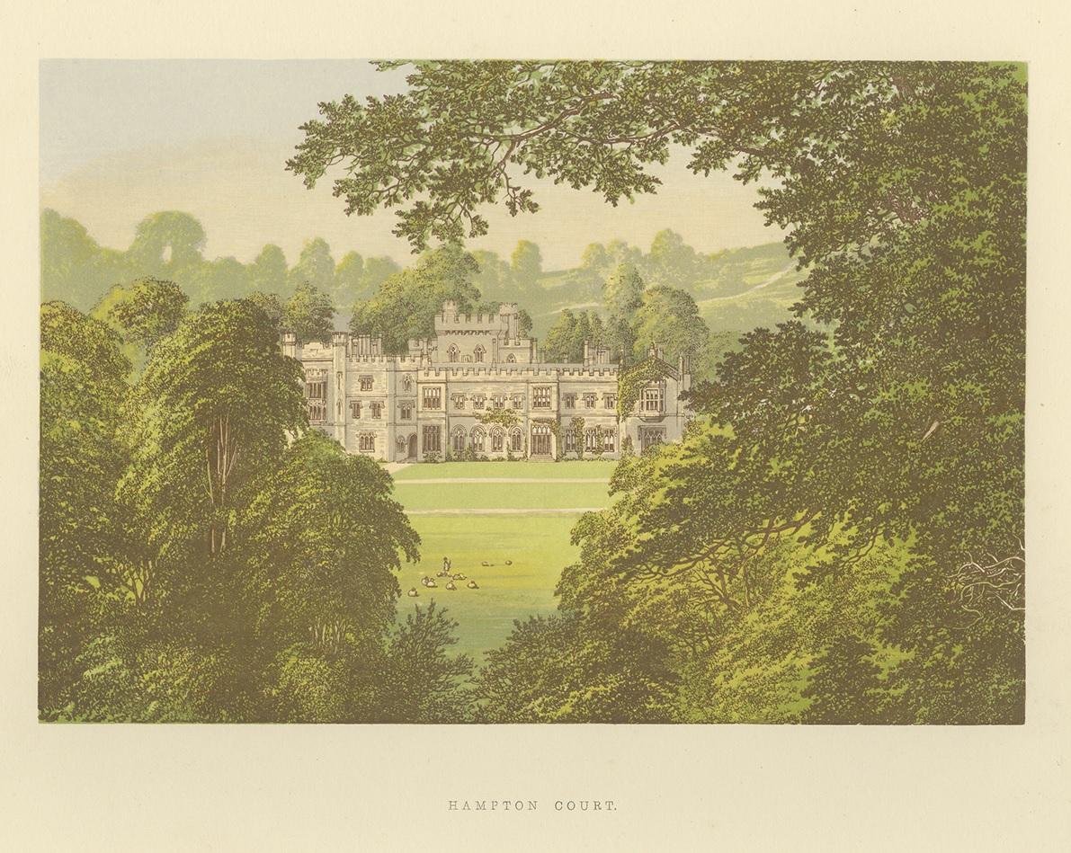Antique print titled 'Hampton Court'. Color printed woodblock of Hampton Court. This print originates from 'Picturesque Views of Seats of Noblemen and Gentlemen of Great Britain and Ireland' by the Rev. F. O. Morris. Published 1866-1880 by William