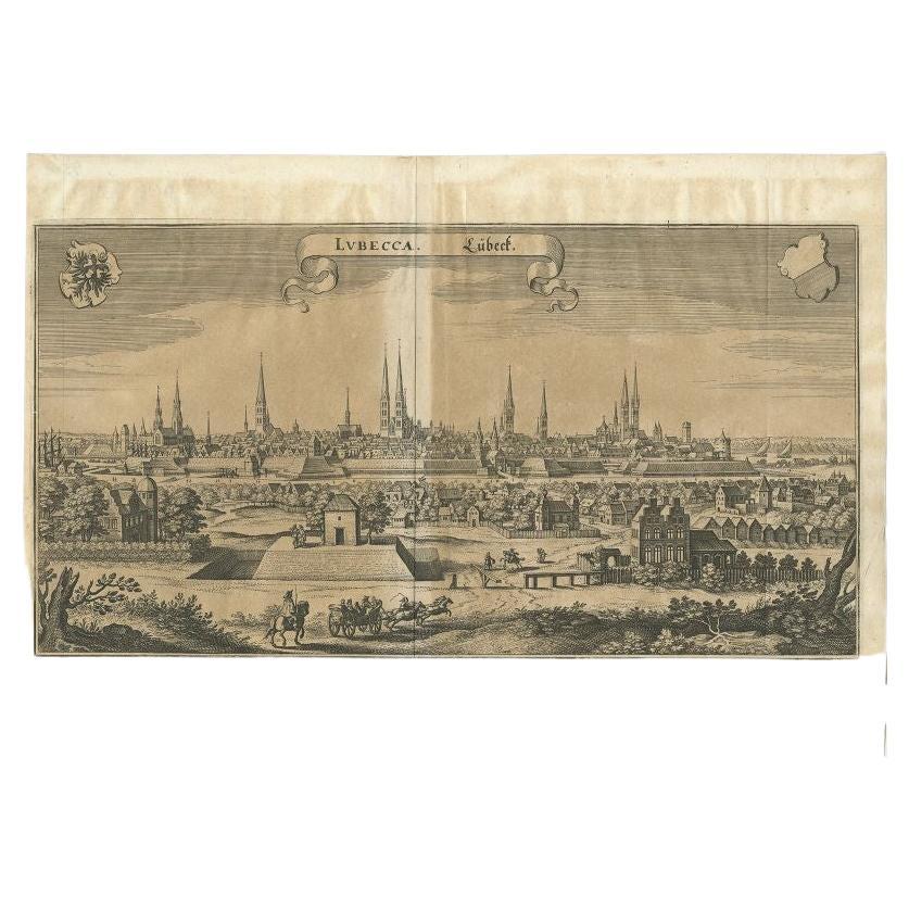 Antique print titled 'Lubecca, Lübeck'. A bird's eye view of Lubeck, the northern German city in Schleswig-Holstein. This print originates from 'Topographia Saxoniae Inferioris'.

Artists and Engravers: Matthäus Merian der Ältere (or 