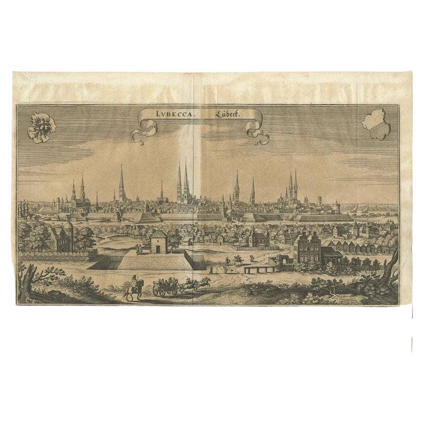 Antique Print of Hanseatic City of Lübeck in Northern Germany by Merian, c.1650