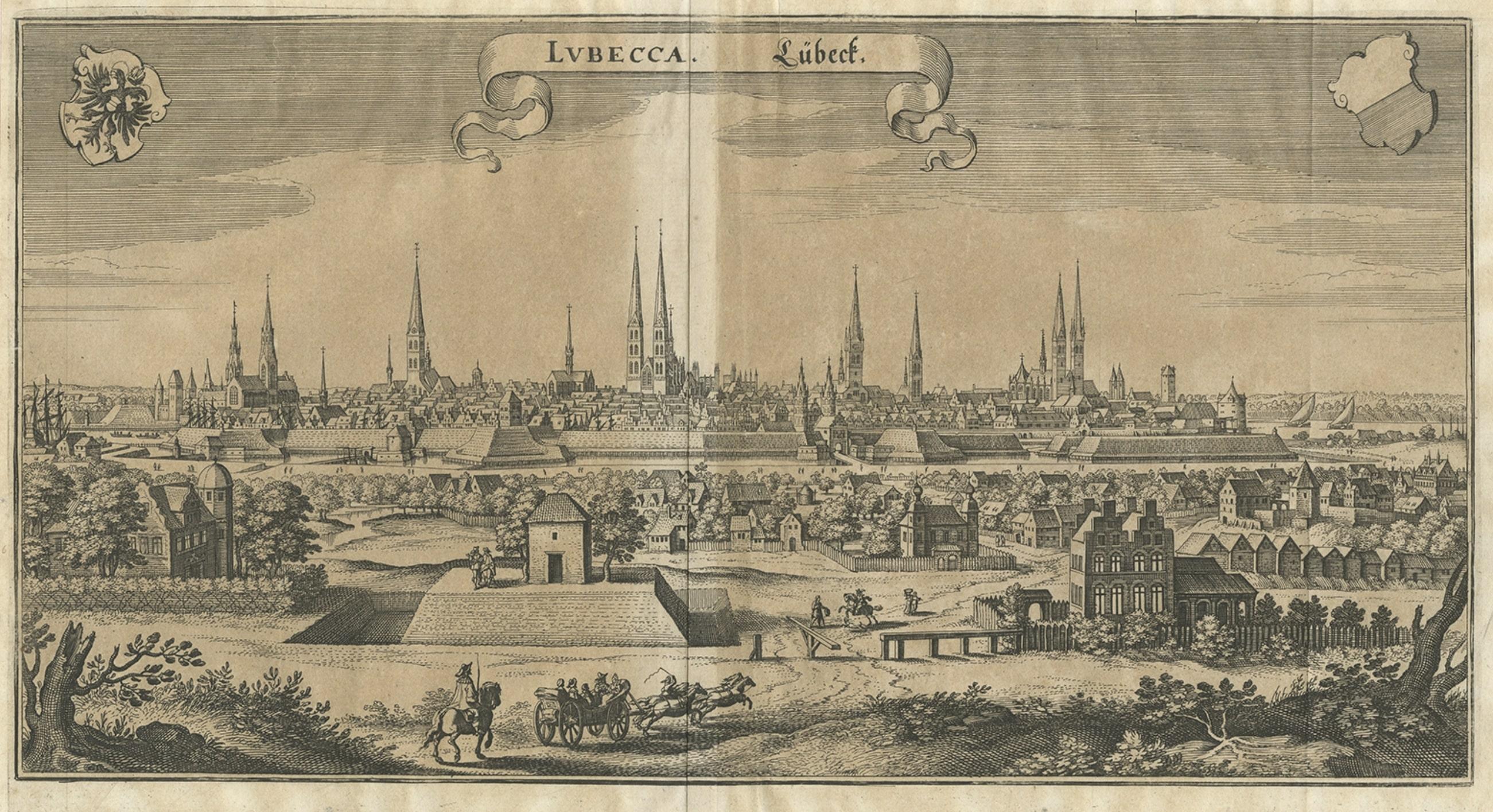 Paper Antique Print of Hanseatic City of Lübeck in Northern Germany by Merian, c.1650 For Sale