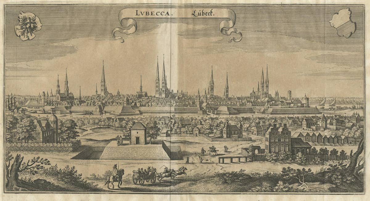 Antique Print of Hanseatic City of Lübeck in Northern Germany by Merian, c.1650