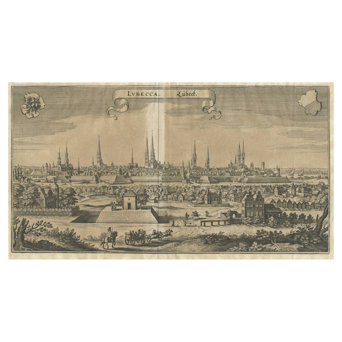 Antique Print of Hanseatic City of Lübeck in Northern Germany by Merian, c.1650