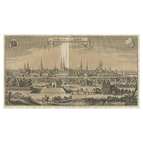 Antique Print of Hanseatic City of Lübeck in Northern Germany by Merian, c.1650