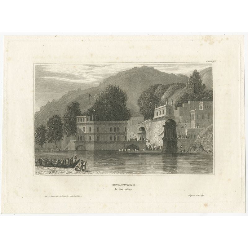 Antique print titled 'Hurduwar in Ostindien'. View of Haridwar, India, seen from the Ganges River. This print originates from 'Meyer´s Universum oder Abbildung und Beschreibung des Sehenswerthesten und Merkwürdigsten der Natur und Kunst auf der