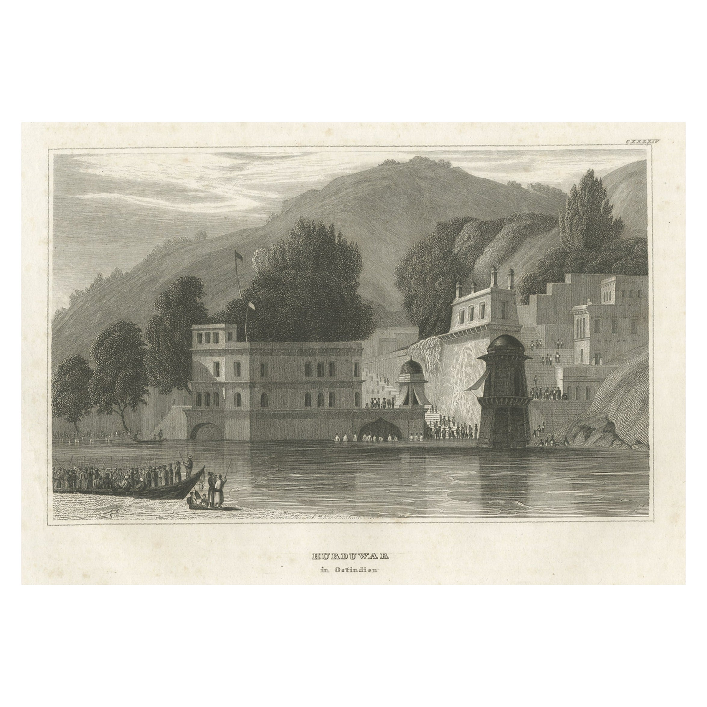 Antiker Druck der Haridwar-Stadt in Uttarakhand, Indien, 1837 im Angebot
