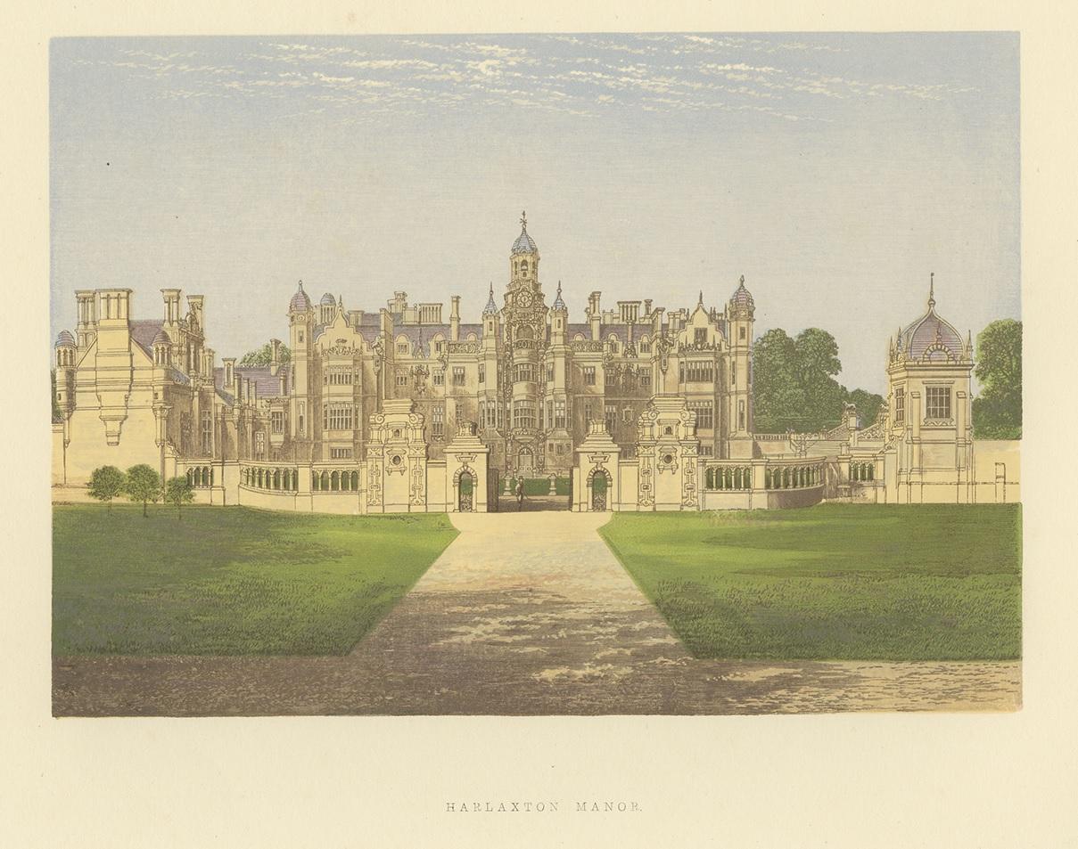 Antique print titled 'Harlaxton Manor'. Color printed woodblock of Harlaxton Manor, a manor house located in Harlaxton, Lincolnshire, England. This print originates from 'Picturesque Views of Seats of Noblemen and Gentlemen of Great Britain and
