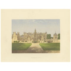 Antiker antiker Druck von Harlaxton Manor von Morris, um 1880