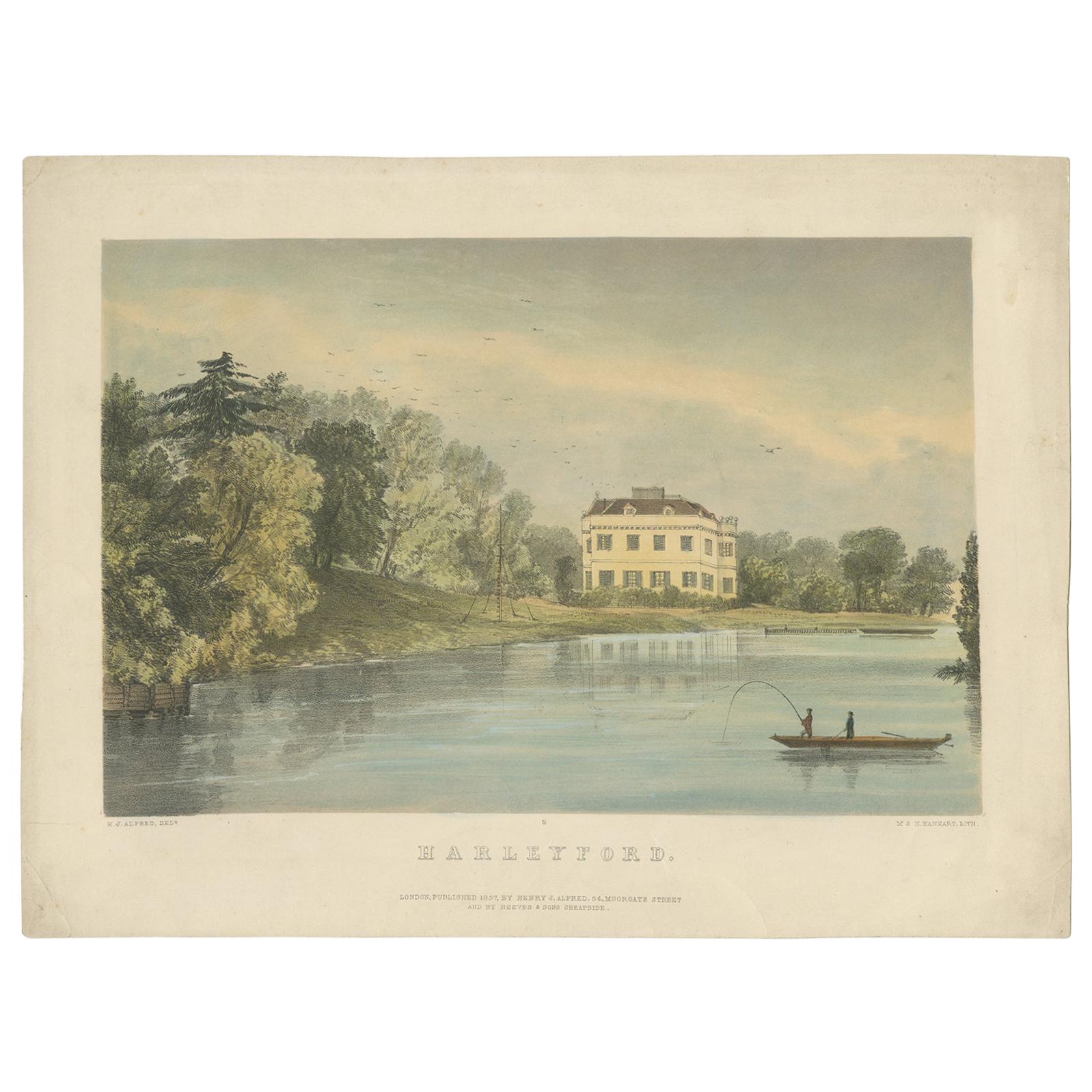 Antique Print of Harleyford Manor by Hanhart '1857'