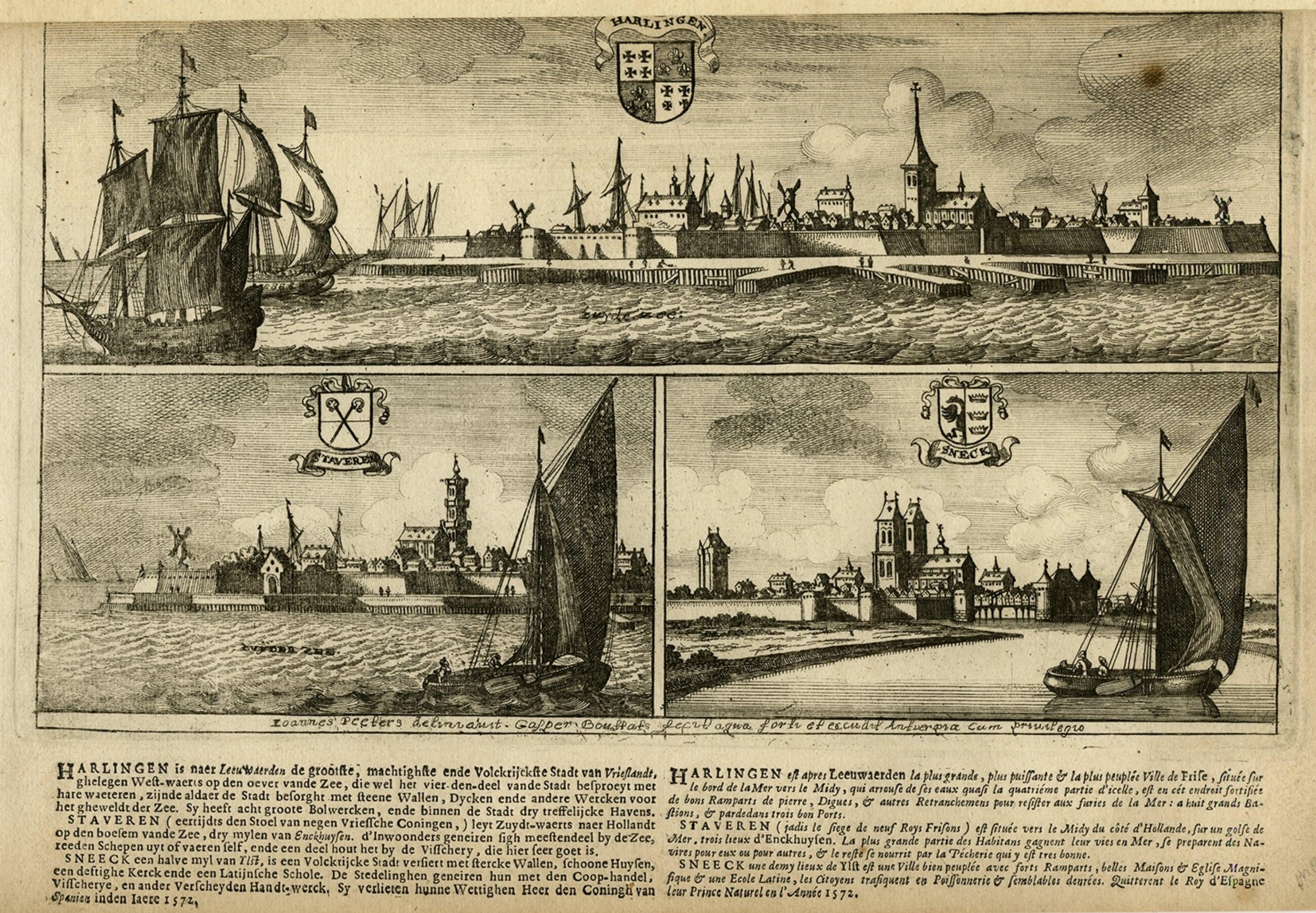 Paper Antique Print of Harlingen, Stavoren and Sneek in Friesland, 1680 For Sale