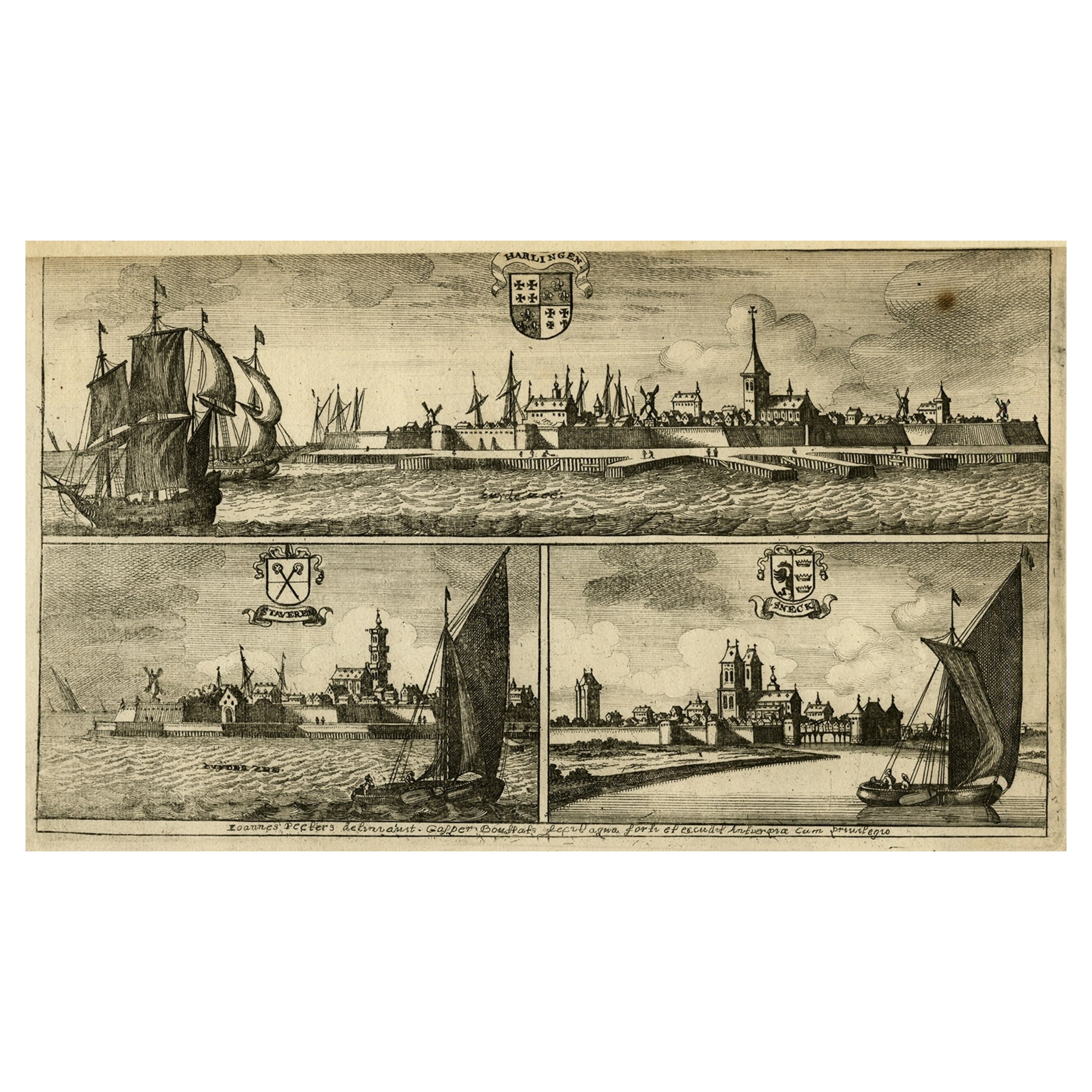 Impression ancienne de Harlingen, Stavoren et Sneek dans le Friesland, 1680