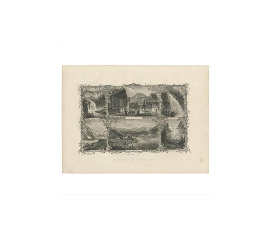 Antique print titled 'Souvenir de Haslithal'. With six views, 1. Reichenbach, 2. Strasse in Meringen, 3. Giessbach, 4. Aargletscher, 5. Brienz am See and 6. Rosenlaui-Gletscher. Steel-engraving by C. Rorich after Rüdisühli, published in Basel, 1876.