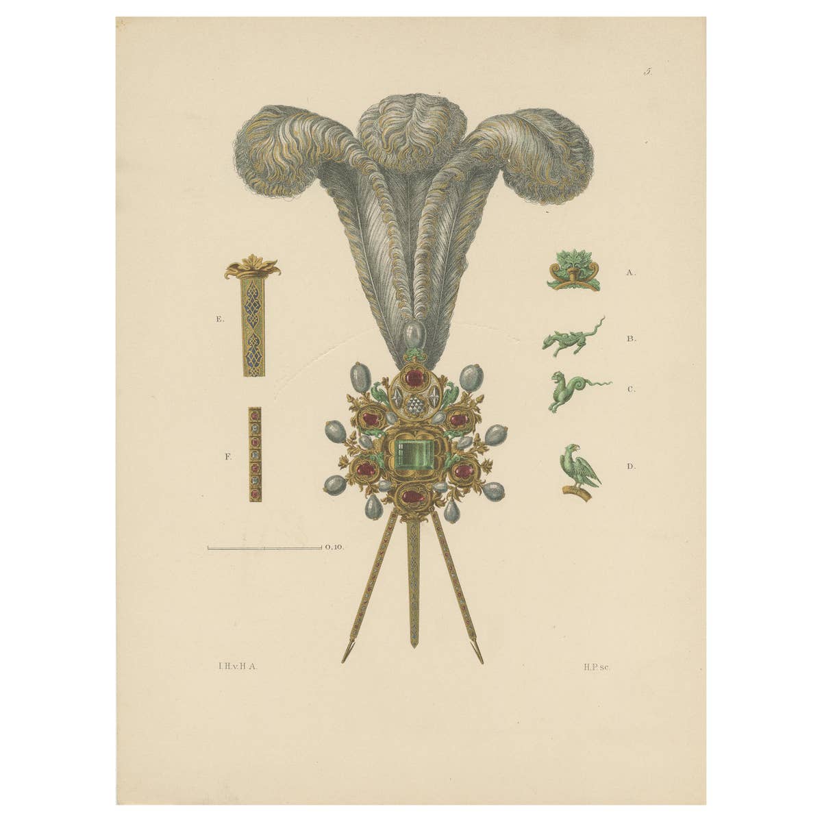 Antique Print of Hat Jewelry with Feathers by Hefner-Alteneck '1890'