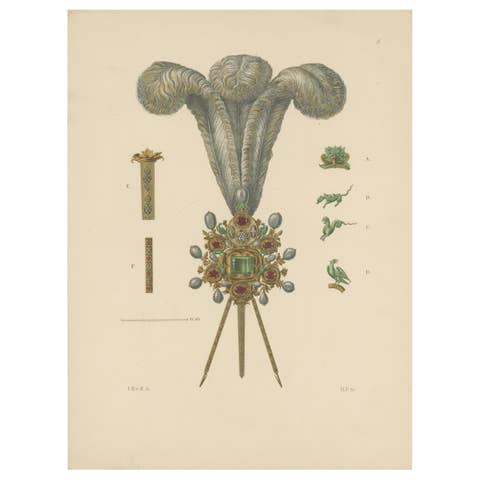 Antique Print of Hat Jewelry with Feathers by Hefner-Alteneck '1890'