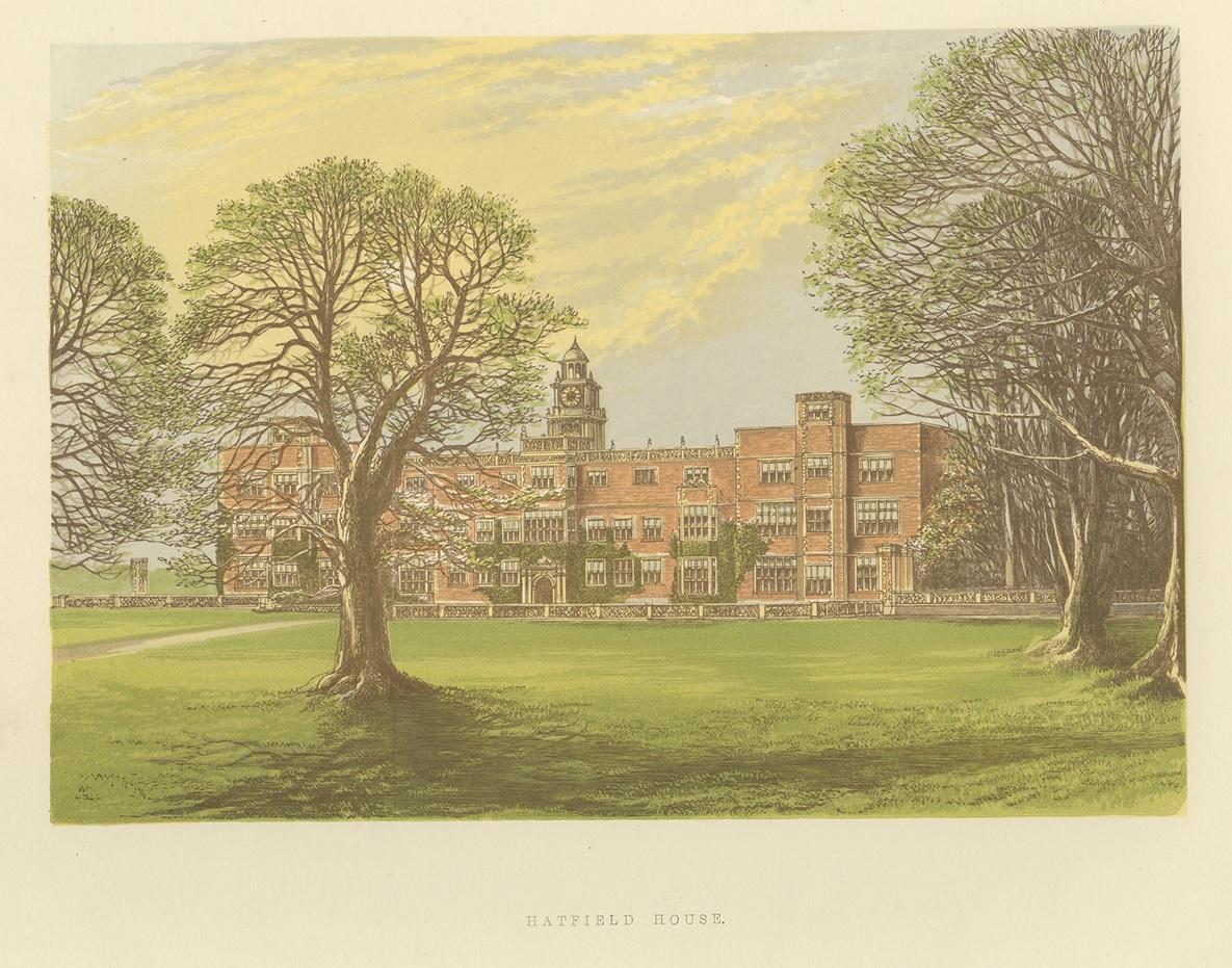 Antique print titled 'Hatfield House'. Color printed woodblock of Hatfield House, a country house set in a large park, the Great Park, on the eastern side of the town of Hatfield, Hertfordshire, England. This print originates from 'Picturesque Views
