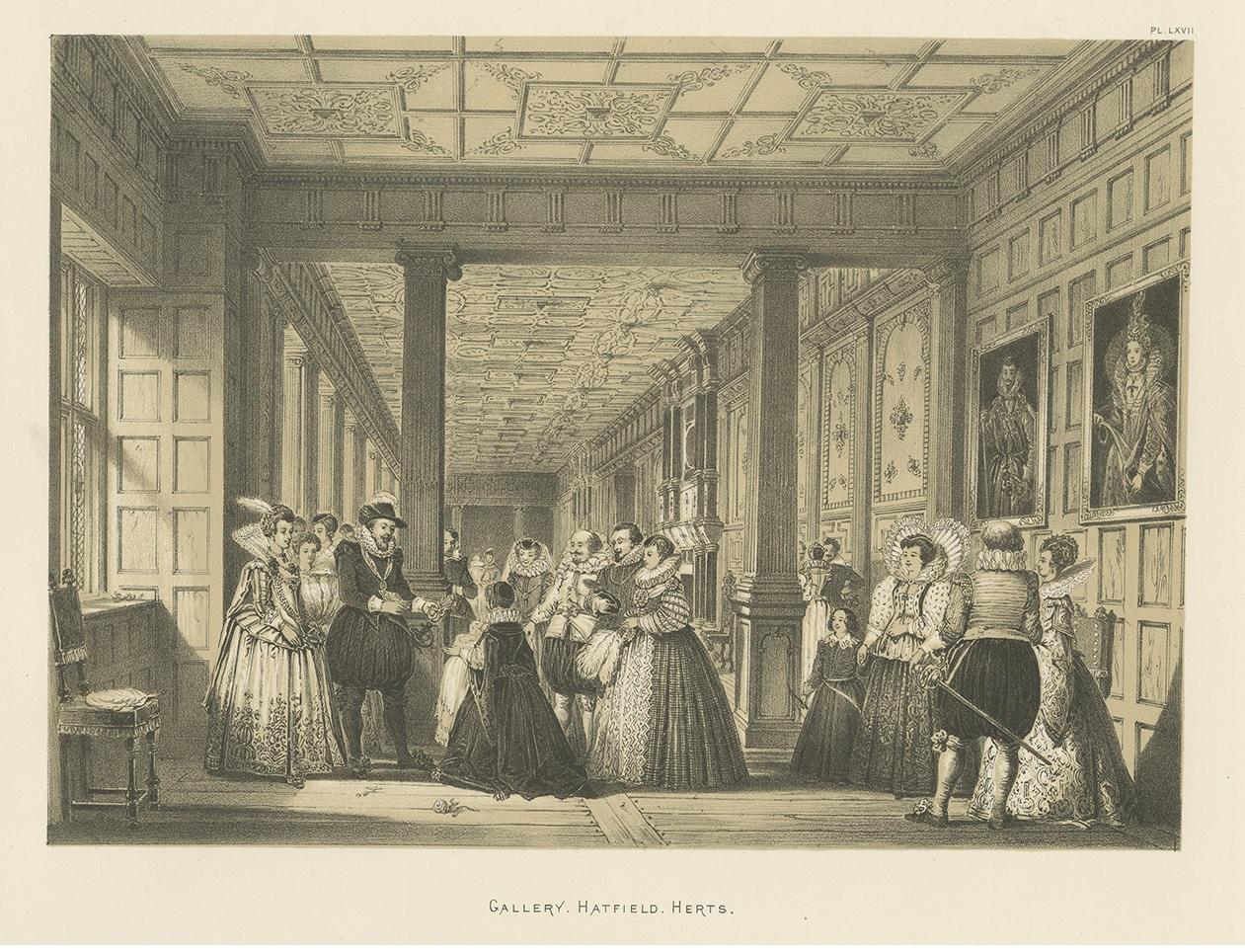 Antique print titled 'Gallery. Hatfield. Herts'. Lithograph of the gallery of Hatfield House in Hertfordshire, a Jacobean House and Garden. This print originates from 'The Mansions of England in the Olden Time' by Joseph Nash.