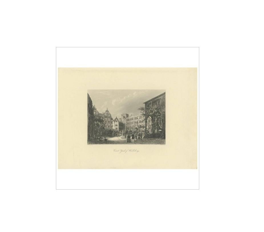 Antique print titled 'Court Yard of Heidleberg'. Heidelberg, city, Baden-Württemberg Land (state), southwestern Germany. The city lies on the canalized Neckar River where it emerges from the forested hills of Odenwald into the Rhine plain. It was