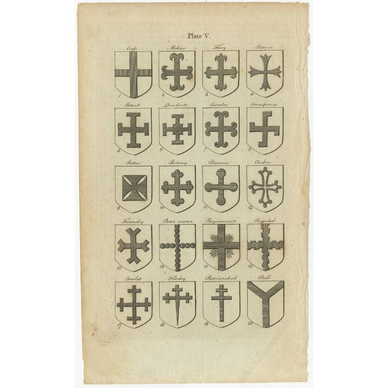 Antique print of various crosses in heraldry including cross potent, cross moline, cross fourchy and many others. Source unknown, to be determined.

Artists and Engravers: Anonymous.

Condition: Good, general age-related toning. Minor wear, blank