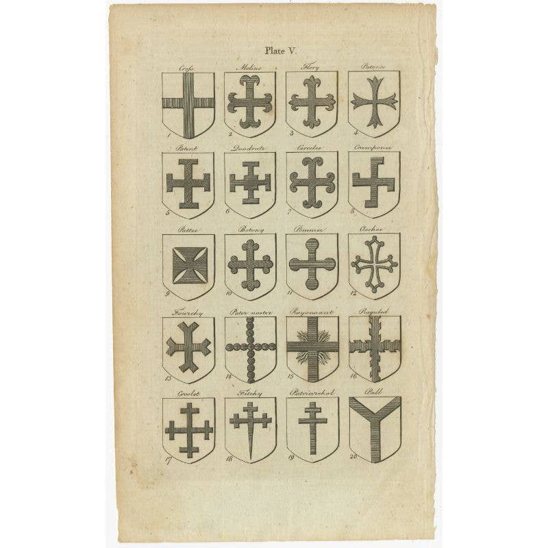 Antique Print of Heraldry Crosses in England, c.1820
