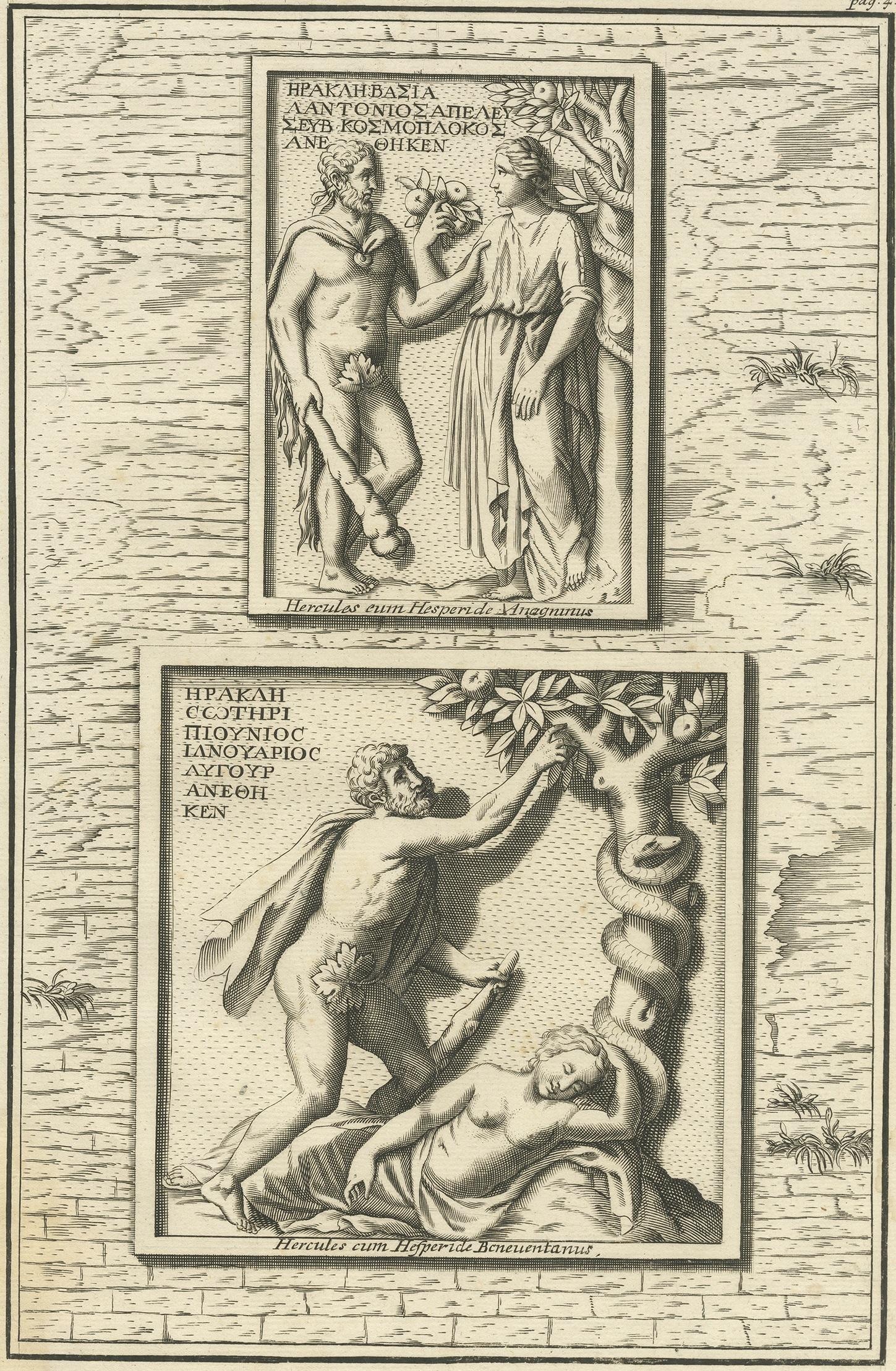 Antique print titled 'Hercules cum Hesperide Beneuentanus'. Engraving with two scenes of Hercules in the Garden of Hesperides. This print originates from 'Nurnbergische Hesperides' by J.C. Volckamer.