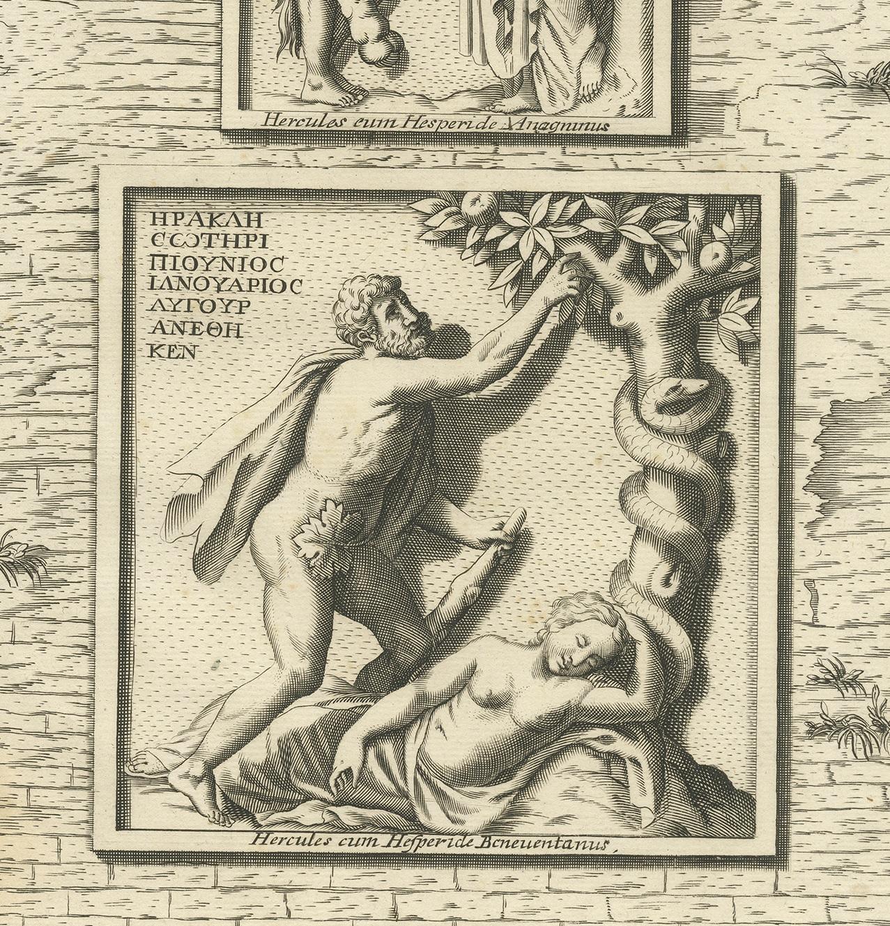 Antique Print of Hercules in the Garden of Hesperides by Volckamer, circa 1710 In Fair Condition For Sale In Langweer, NL