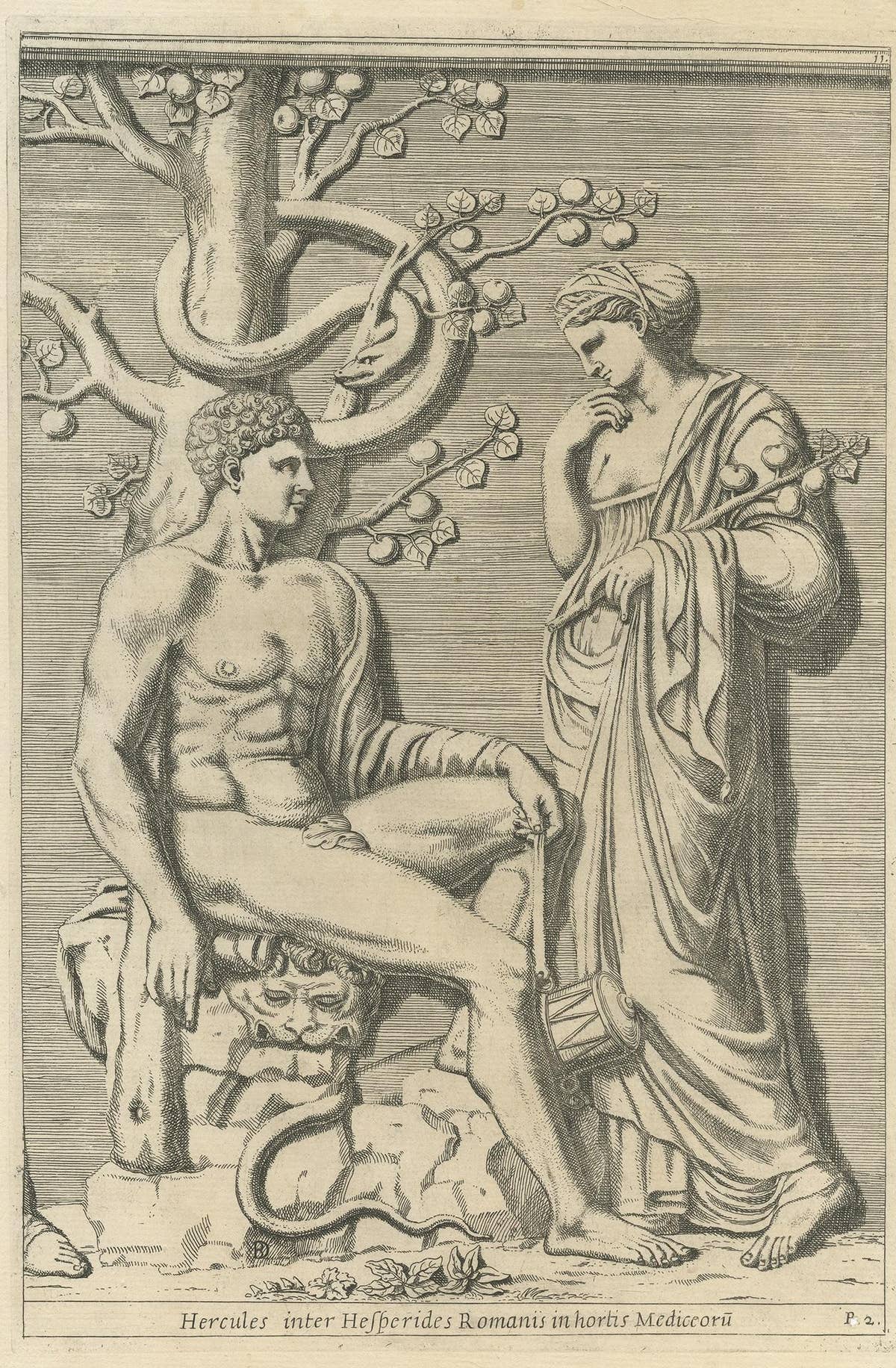 Antique Print of Hercules in the Garden of the Hesperides by Ferrari, 1646