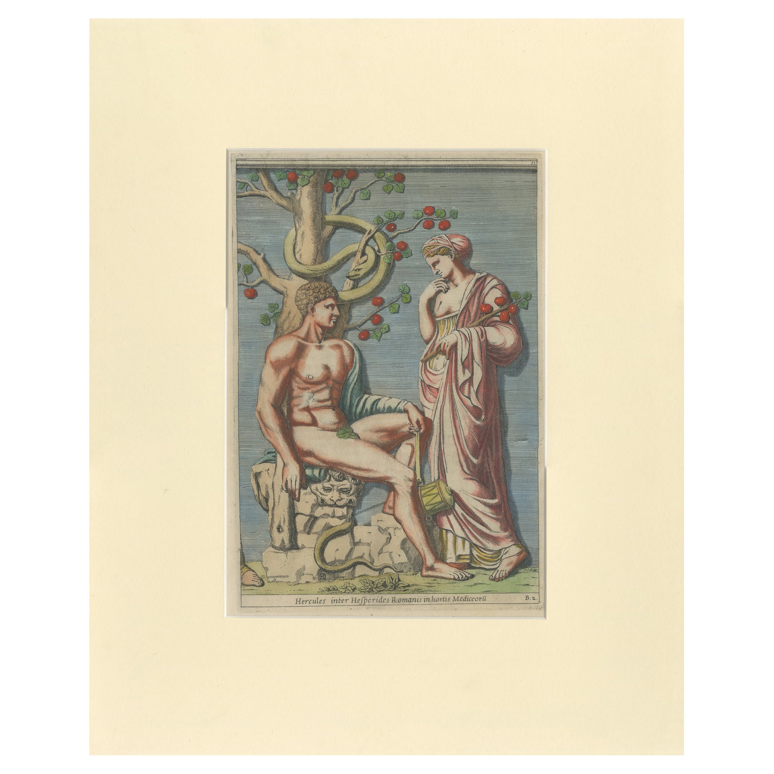 Antiker antiker Druck von Herkules im Garten der Jaspis von Ferrari '1646' im Angebot