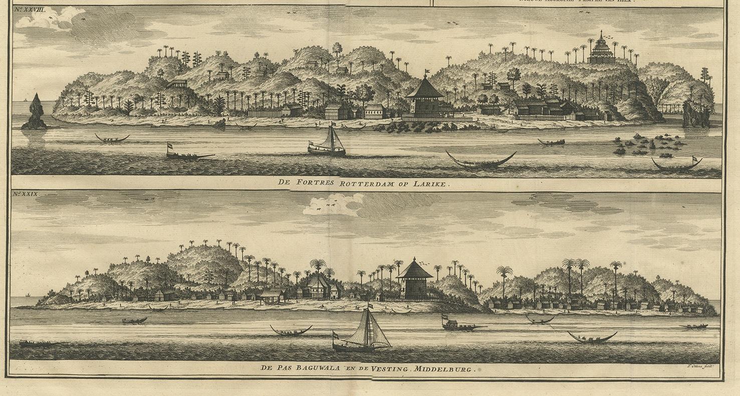 Stampa antica di Hila e delle fortezze di Valentijn '1726 In condizioni buone in vendita a Langweer, NL