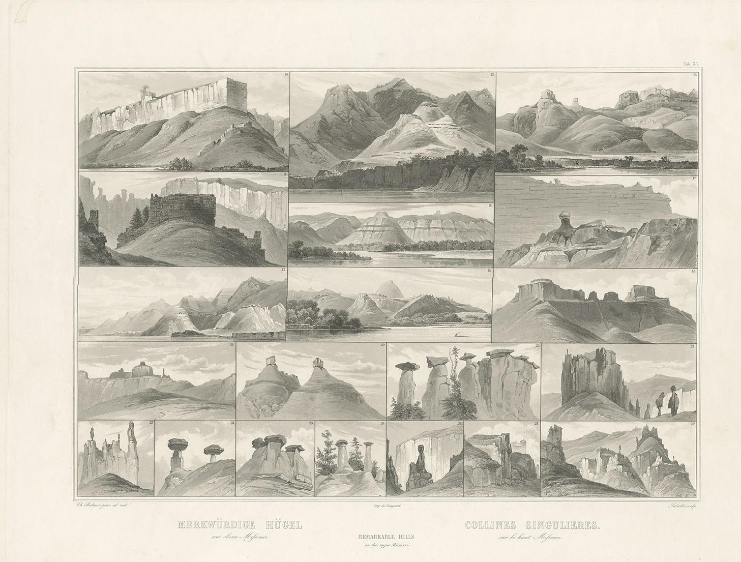 Antique print titled 'Merkwürdige Hügel - Collines Singulieres'. Aquatint engraving by Salathé after Bodmer. A composite plate made up from twenty separate views, but with plain borders between each image. Numbered in the plate, they were all