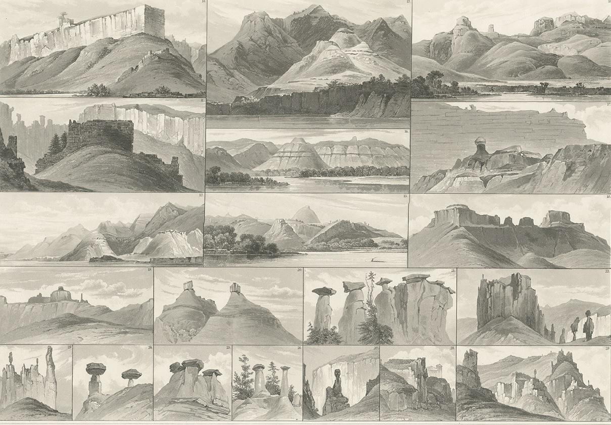Antique Print of Hills on the Upper Missouri Made after Bodmer, circa 1840 In Good Condition For Sale In Langweer, NL