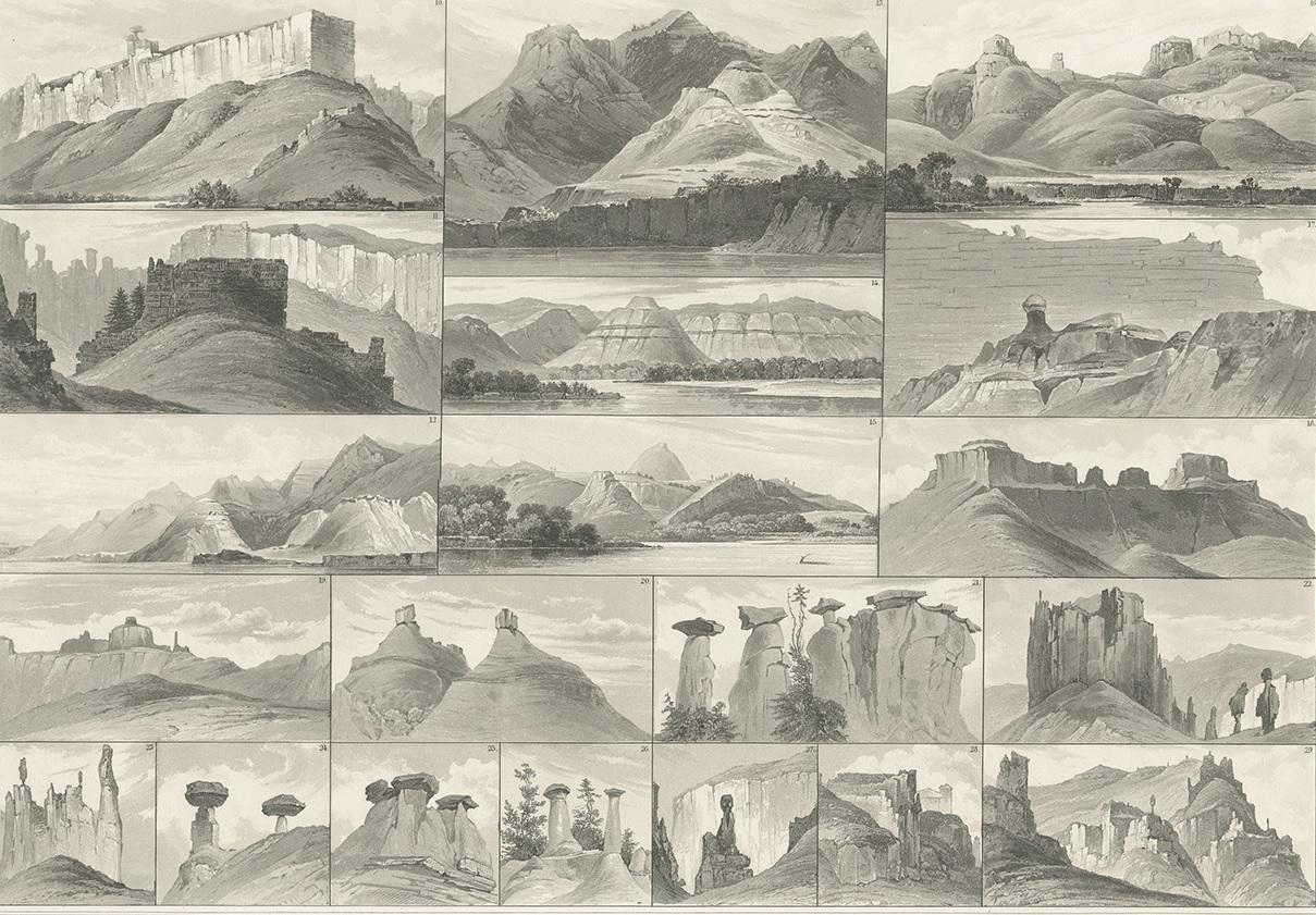 Impression ancienne de collines sur le Missouri supérieur réalisée d'après Bodmer:: vers 1840 Bon état - En vente à Langweer, NL