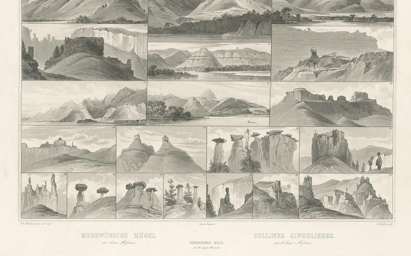 19th Century Antique Print of Hills on the Upper Missouri Made after Bodmer, circa 1840 For Sale