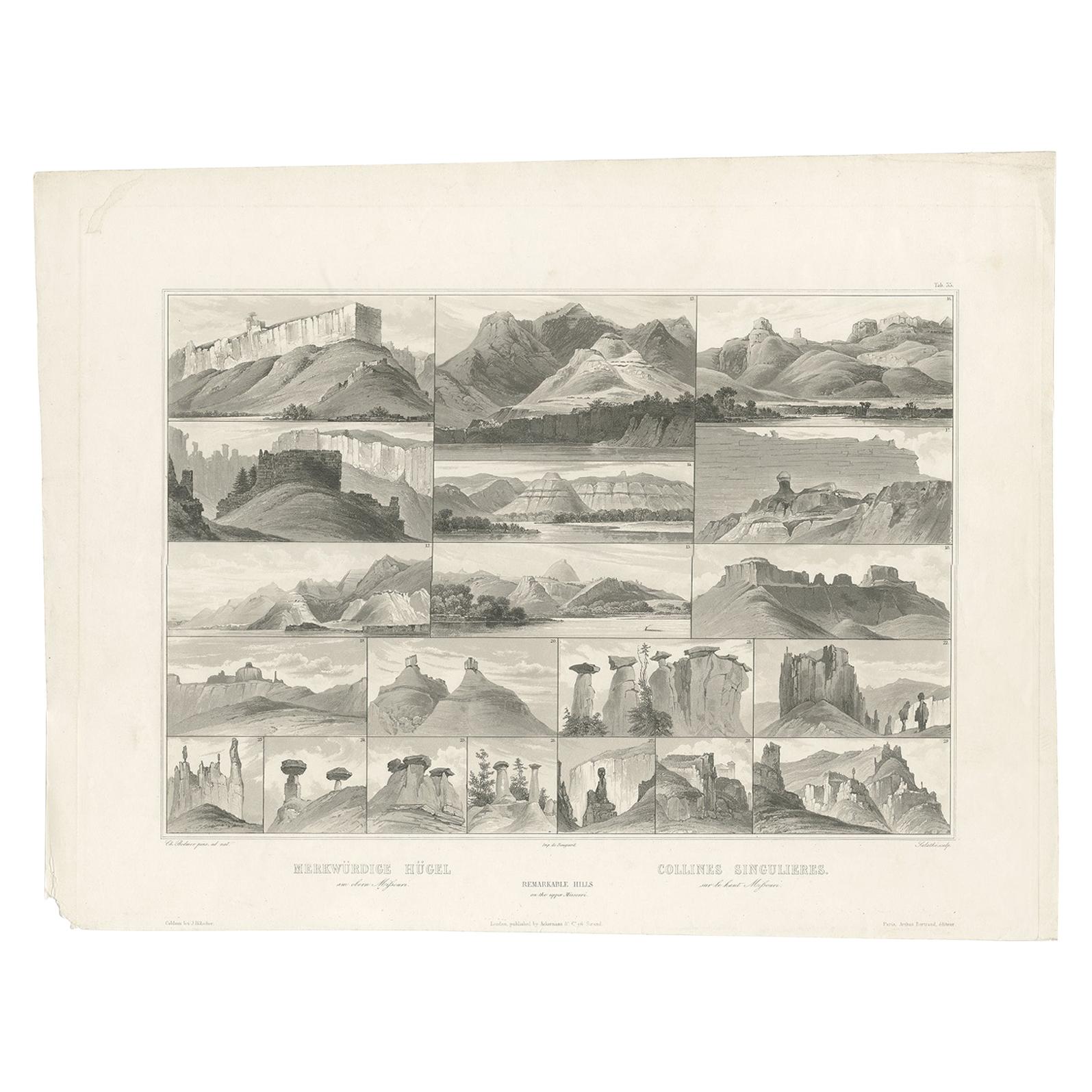 Antique Print of Hills on the Upper Missouri Made after Bodmer, circa 1840 For Sale