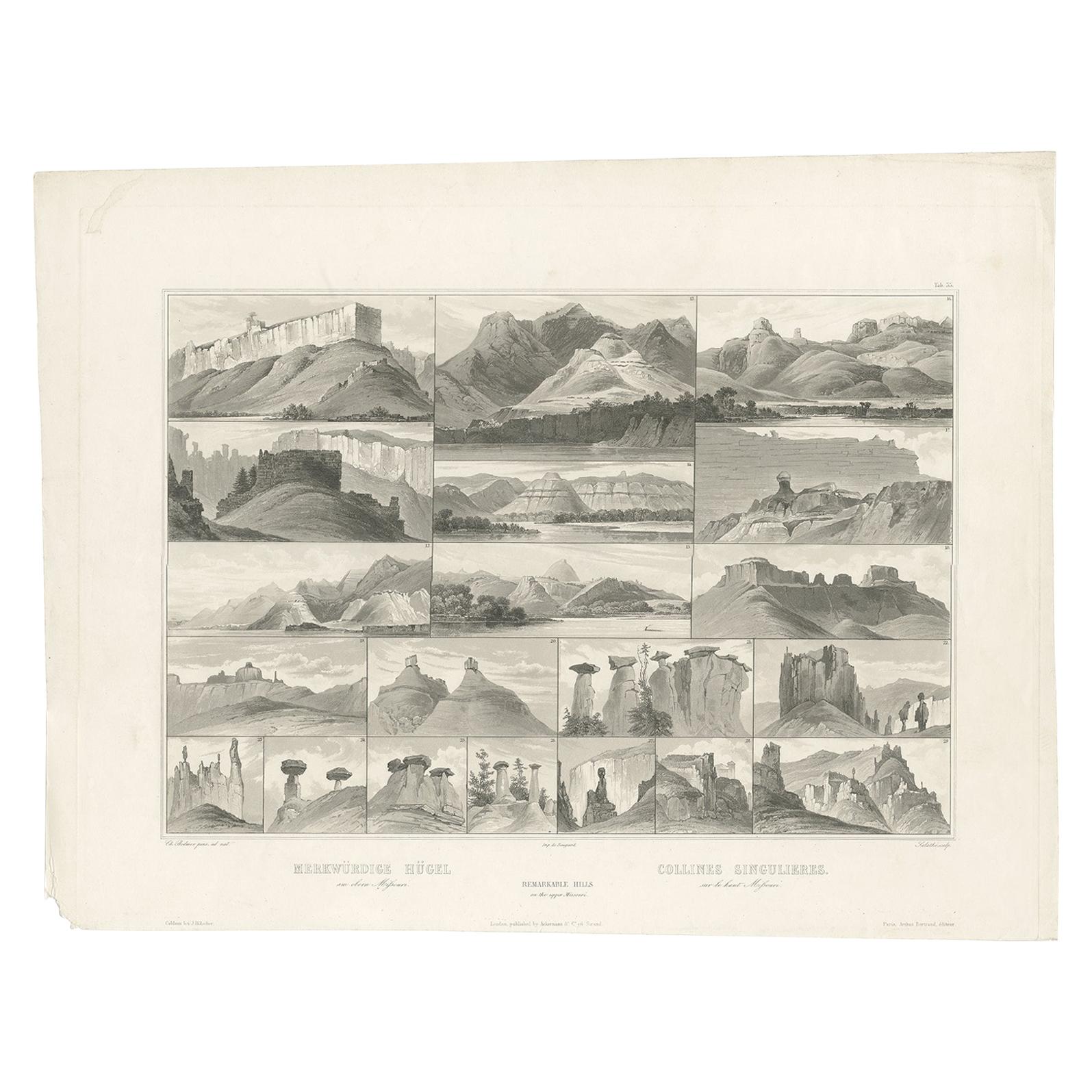 Grabado antiguo de Colinas del Alto Missouri, según Bodmer, hacia 1840