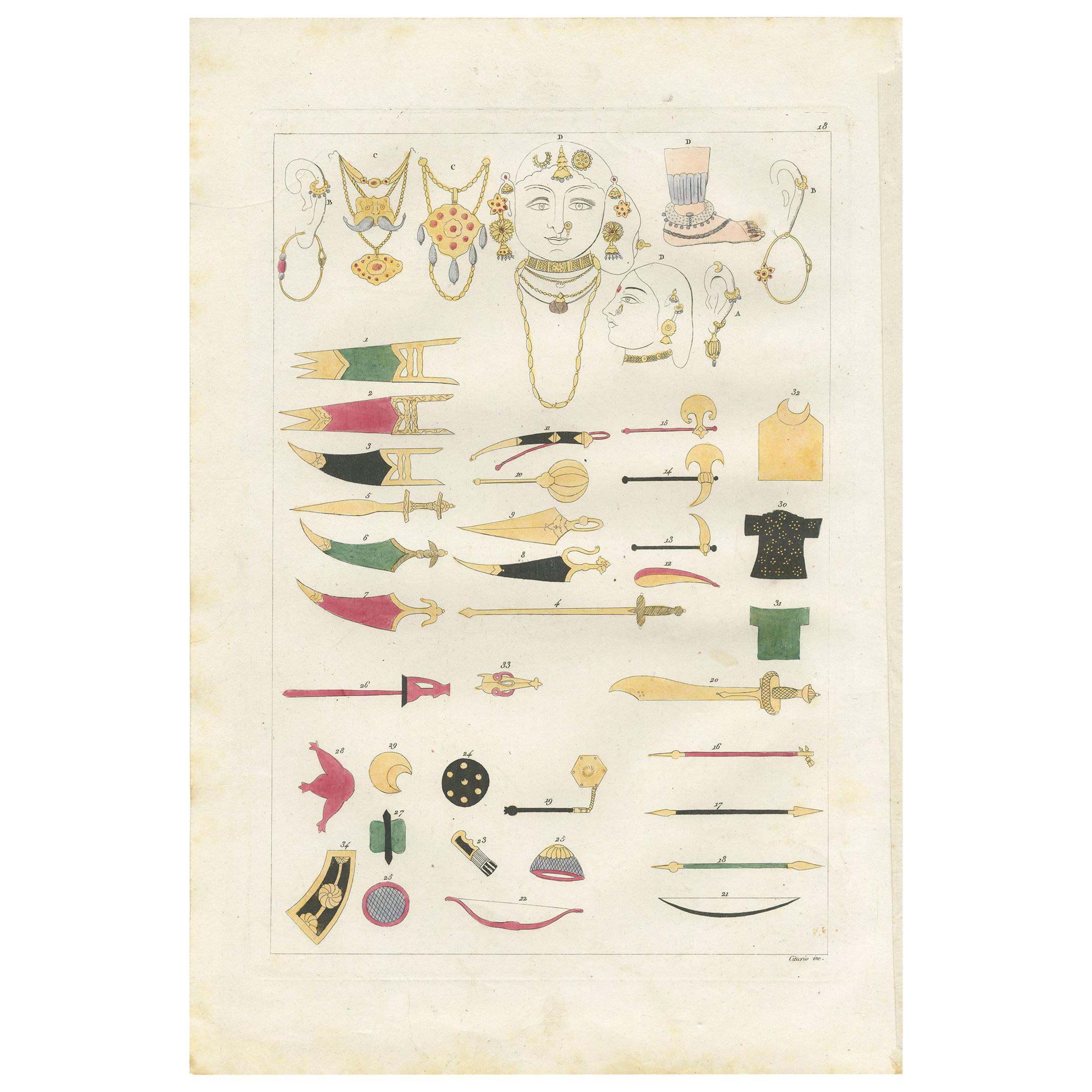 Antique Print of Hindu Weapons by Ferrario '1831' For Sale