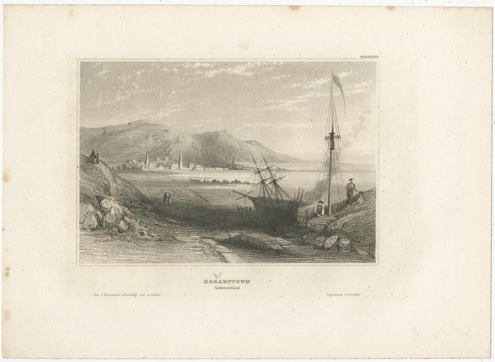 Antique print titled 'Hobarttown Vandiemensland'. View of Hobart, located in Tasmania's south-east on the estuary of the River Derwent, making it the most southern of Australia's capital cities. Originates from 'Meyers Universum'. Published circa