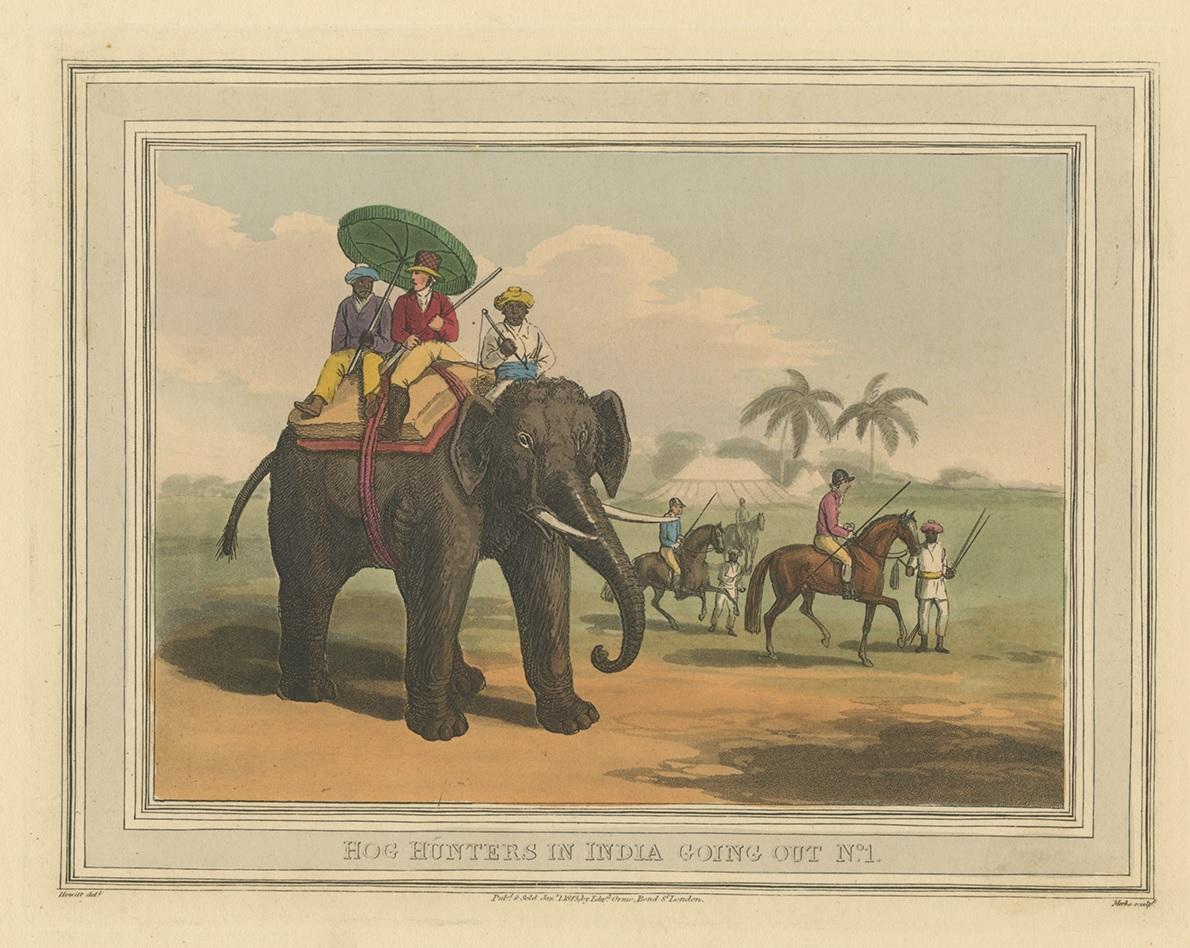 XIX secolo Stampa antica di A. Williamson sulla caccia al maiale in India, 1819