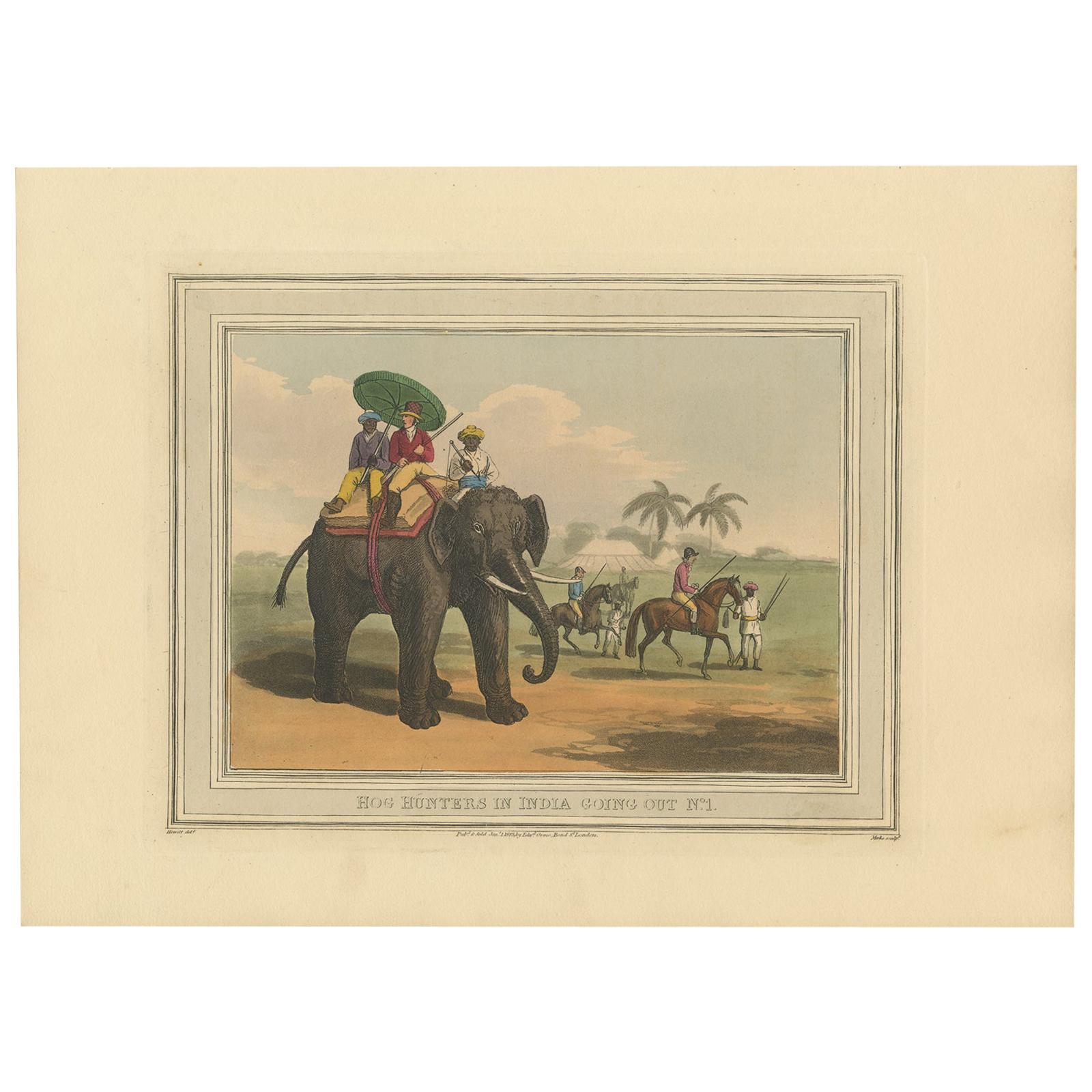 Antique Print of Hog Hunting in India by Williamson, 1819