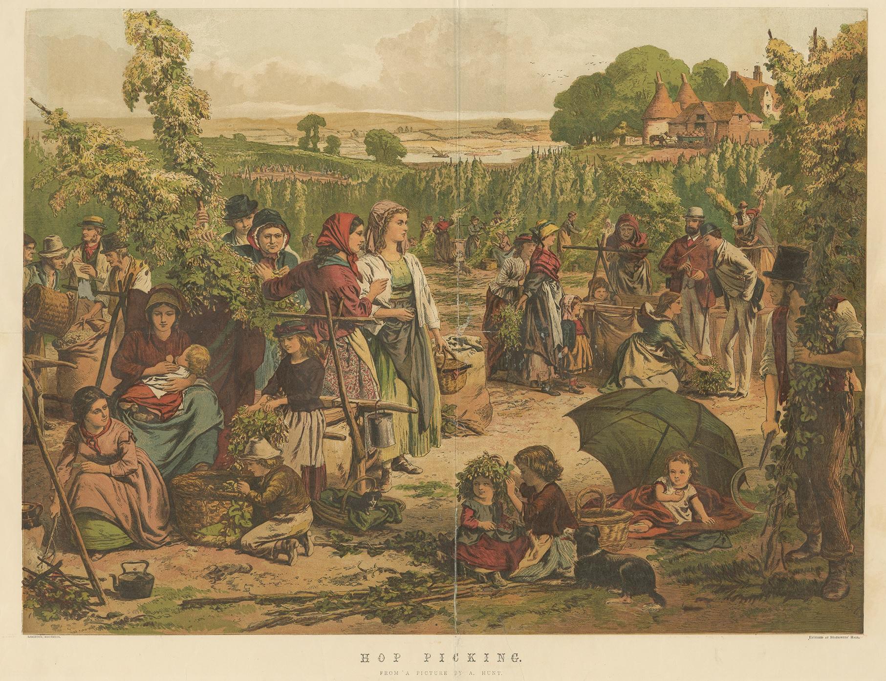 Antique print titled 'Hop Picking'. Original antique print of hop pickers at work. Men and women work in the hop fields, possibly in Kent or Surrey, England. Right, two gentlemen buy some hops. Foreground, young children of the hop-pickers. Right