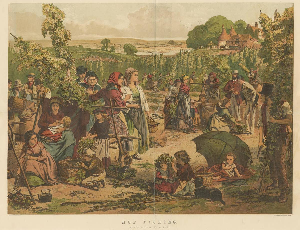 Antique Print of Hop Pickers at Work after A. Hunt, 'c.1880'