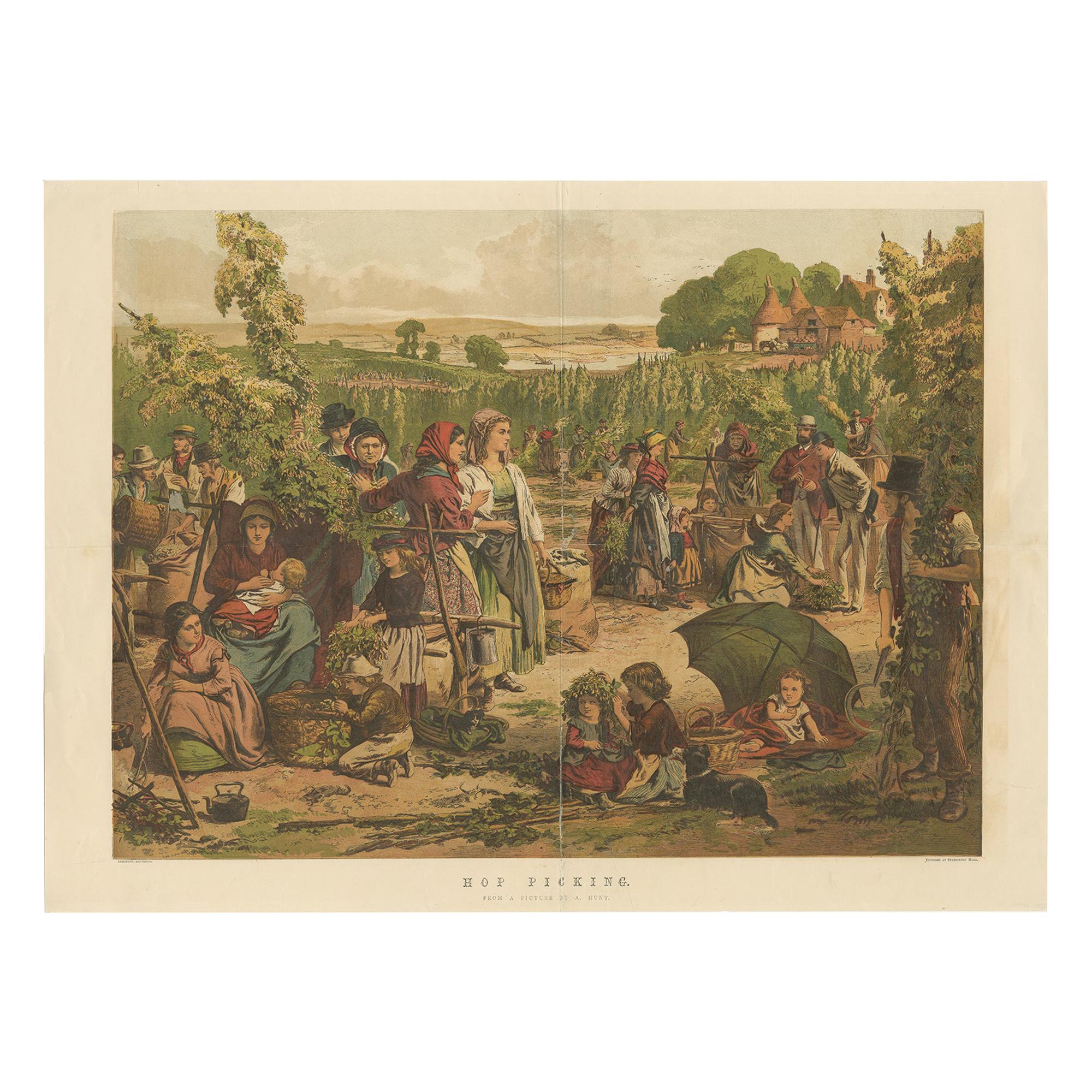Antique Print of Hop Pickers at Work after A. Hunt, 'c.1880' For Sale