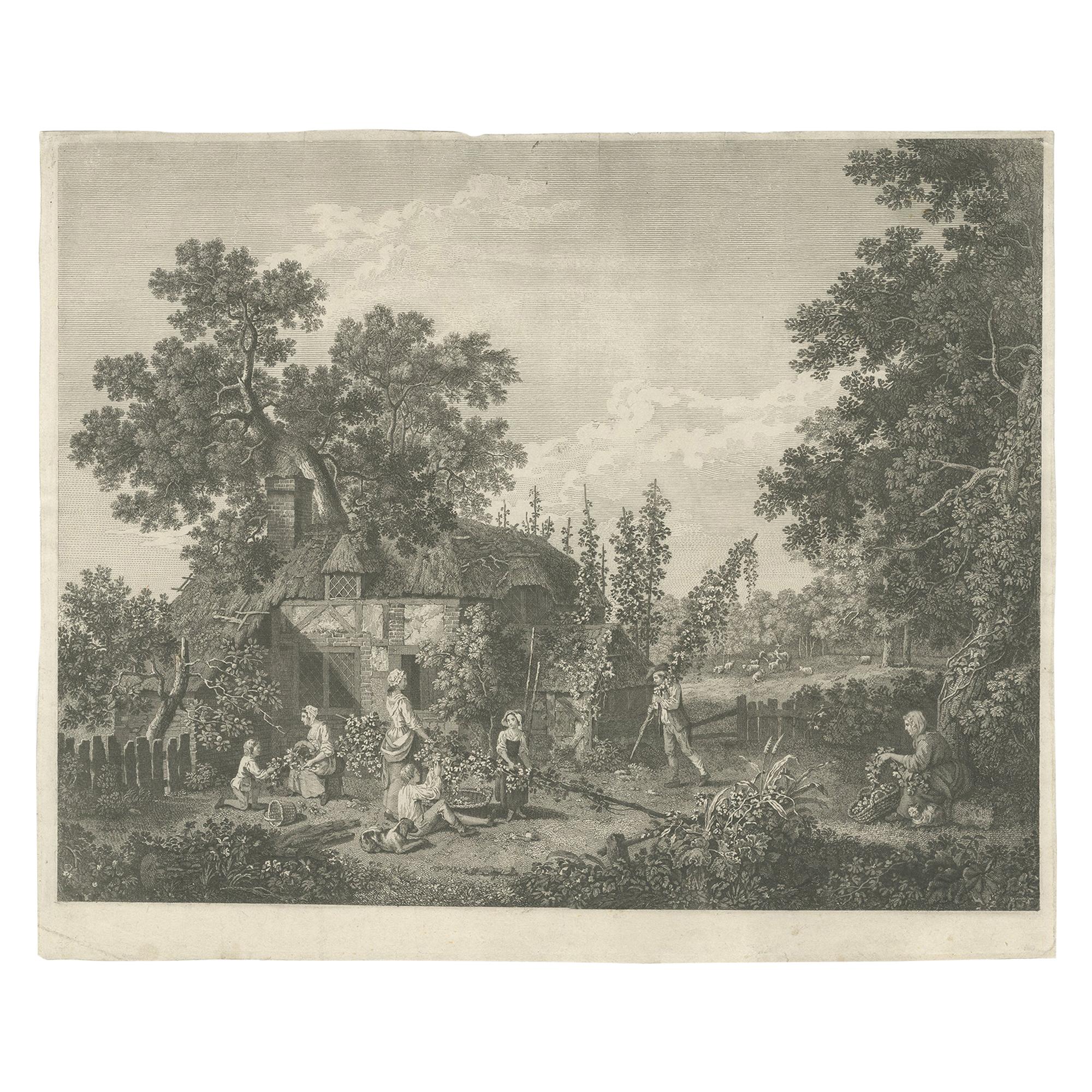 Antique Print of Hop Pickers by Vivares, c.1760