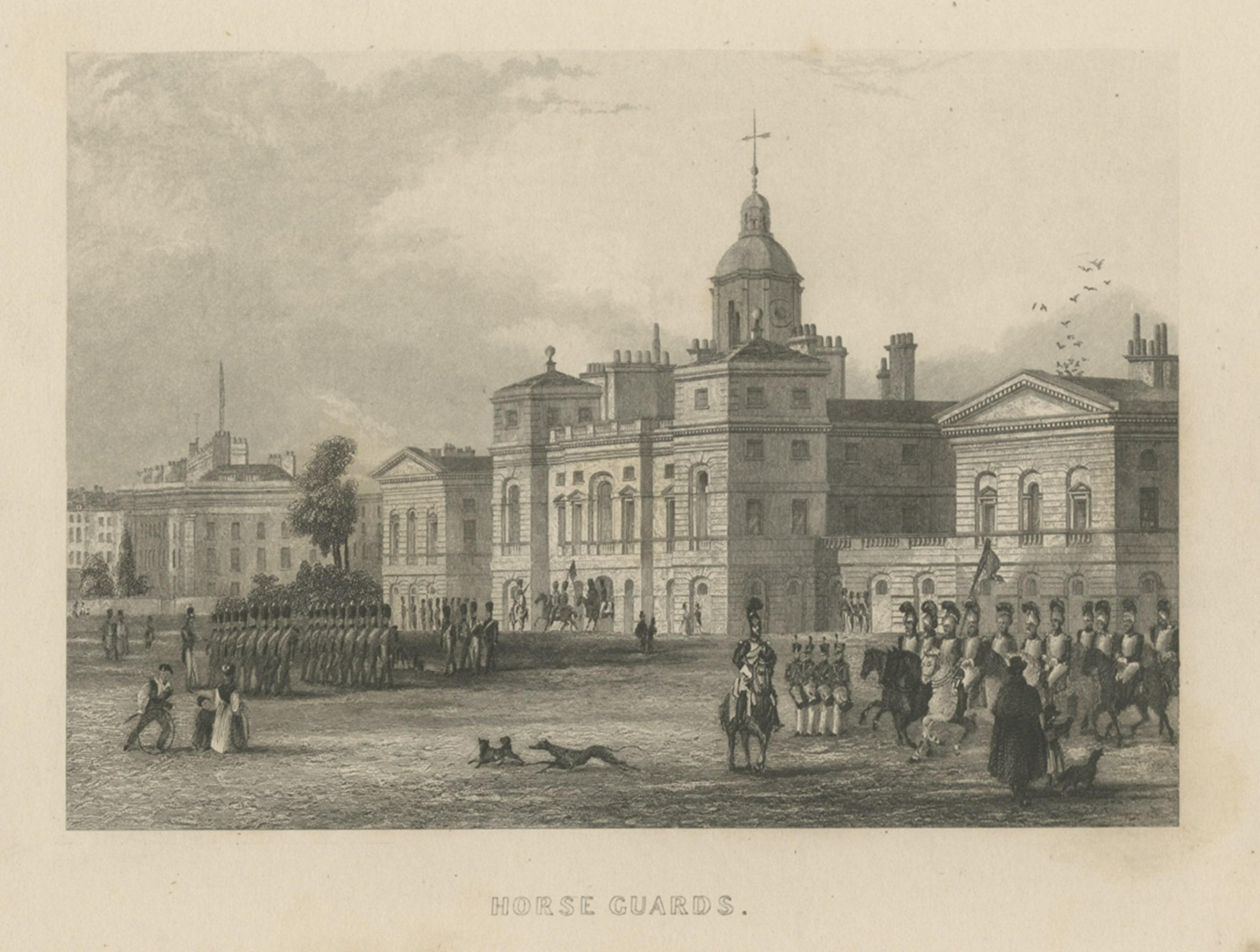 Paper Antique Print of Horse Guards, Westminster, London, c.1840 For Sale