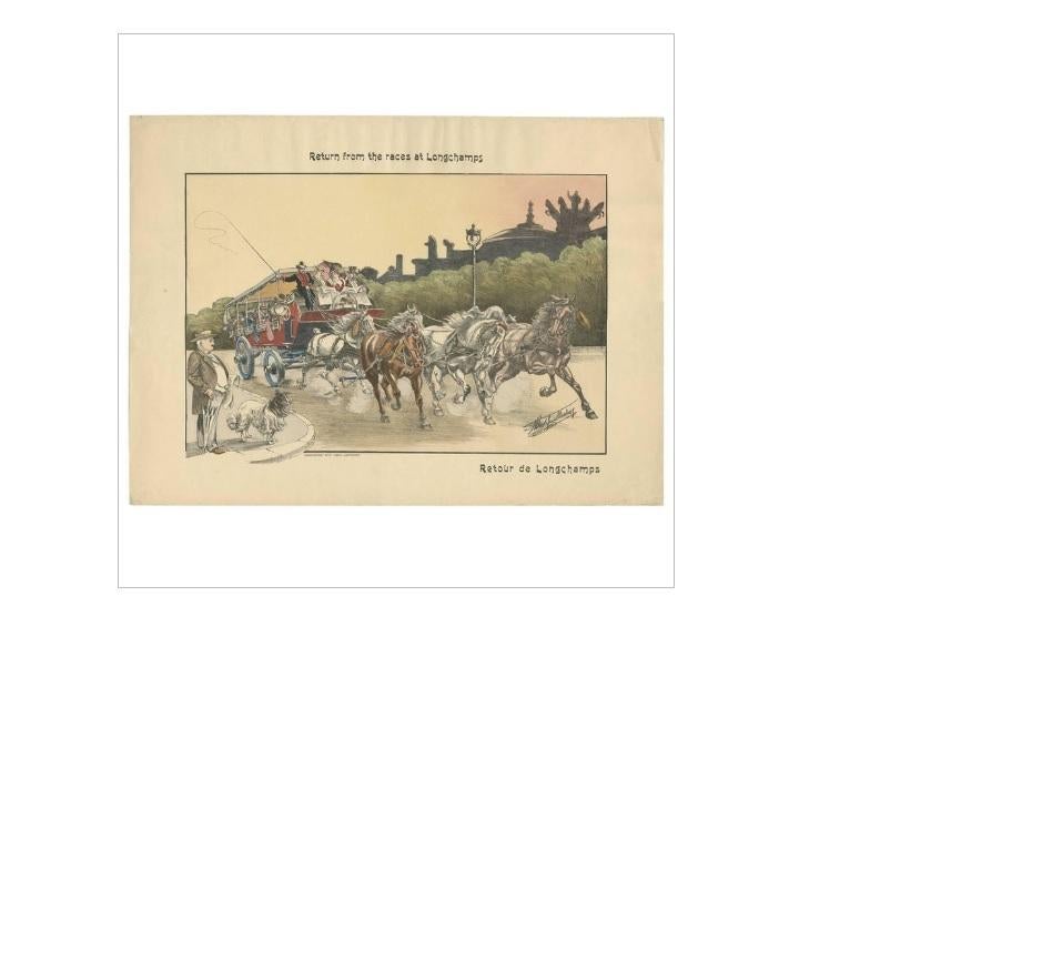 Gravure ancienne intitulée 'Retour des courses à Longchamps, Retour de Longchamps'. Le sous-titre indique 
