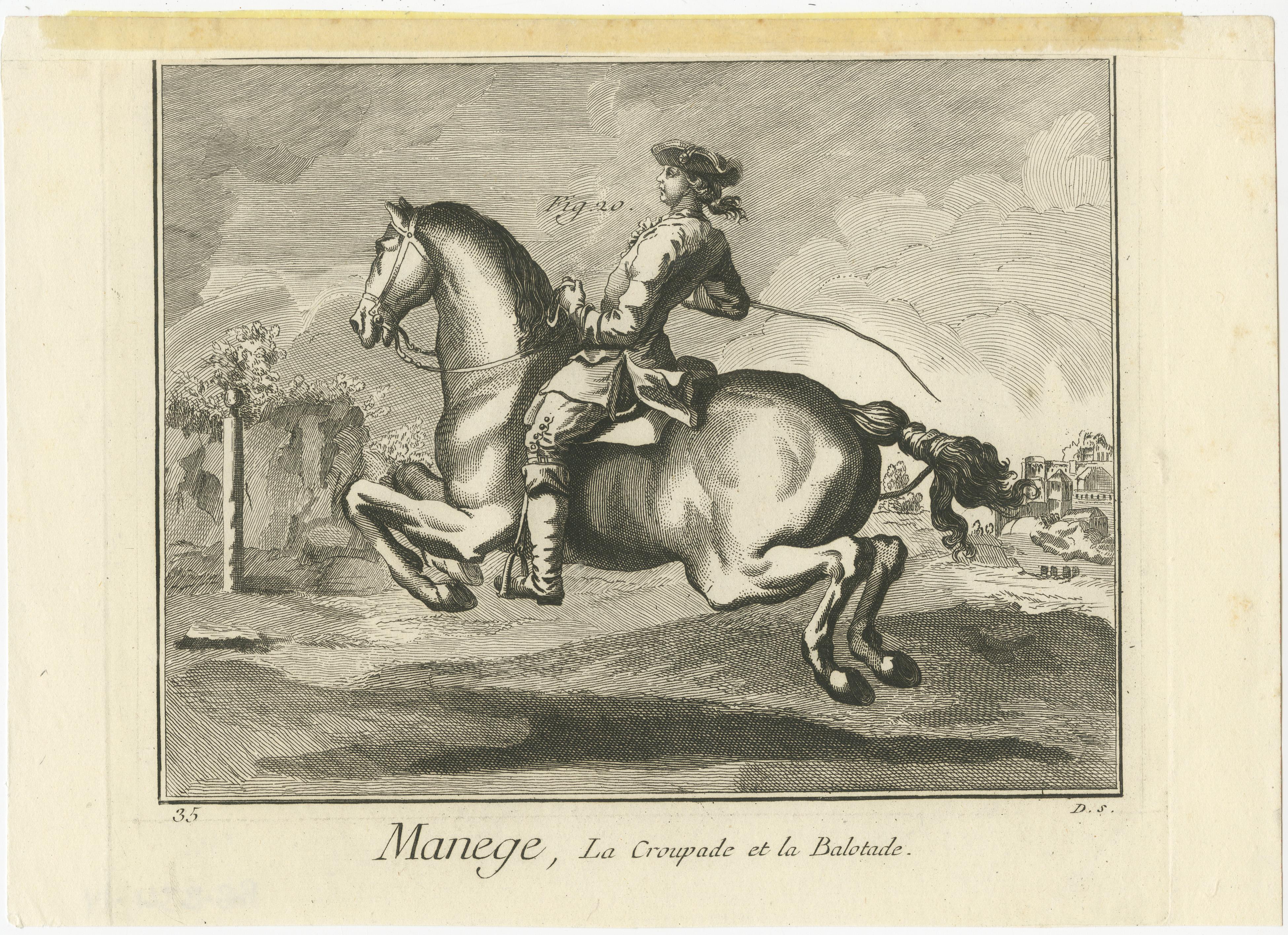 Antique print titled 'Manege, la Croupade et la Balotade'. Copper engraving of horse riding: ballotade. Ballotade is a forward leap performed by a horse trained in manège in which fore and hind legs are gathered under the body and the hind hoofs are