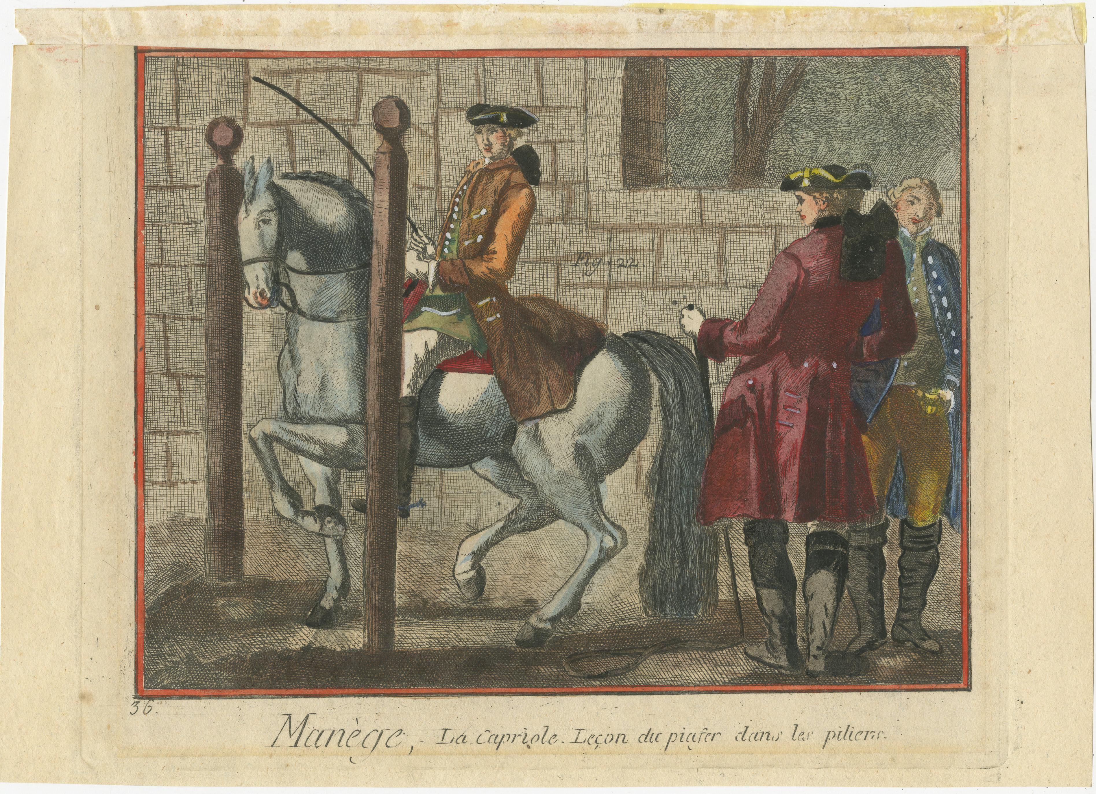Antique print titled 'Manège, La Capriole. Lecon du piafer dans les piliers'. Copper engraving of horse riding: piaffe lesson between pillars. The piaffe is a dressage movement where the horse is in a highly collected and cadenced trot, in place or