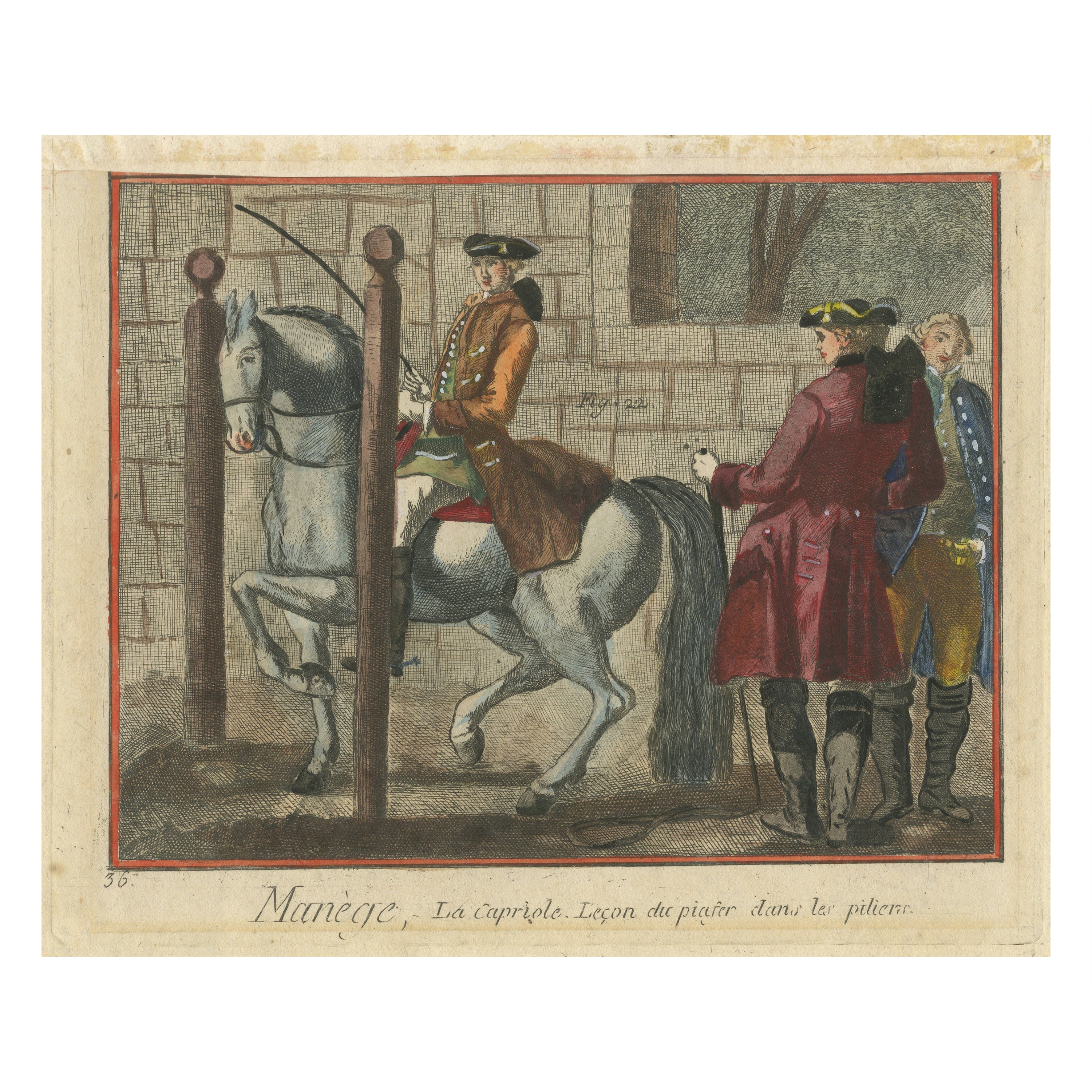 Impression ancienne de l'équitation : Piaffe Lesson entre les piliers en vente