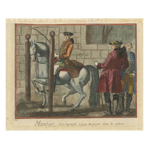Antique Print of Horse Riding: Piaffe Lesson Between Pillars