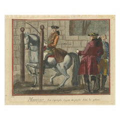 Antiker Druck von Pferd beim Reiten: Piaffe Lesson Between Pillars