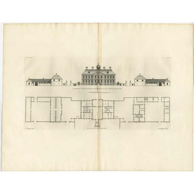 Antique print titled 'General front of Horse heath Hall in Cambridgeshire (..)'. 

Old engraving of Horseheath Hall, Cambridgeshire. 

The original Hall was the home of the Alington family and was visited by Queen Elizabeth 1. This was replaced